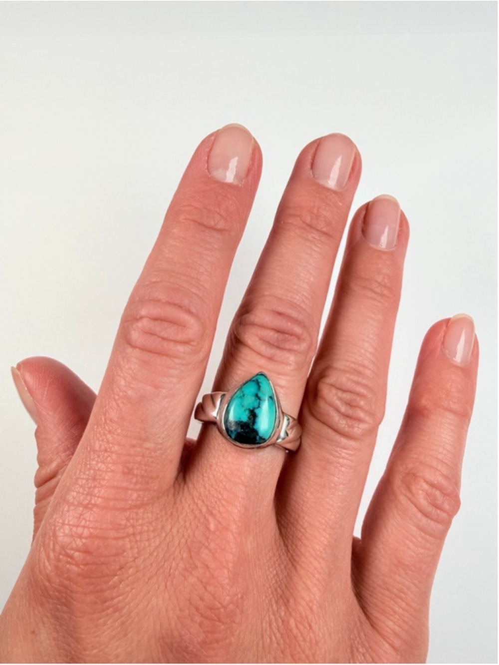 Southwestern Turquoise Tear Drop 925 Sterling Silver Cable Vintage Ring - Picture 8 of 10